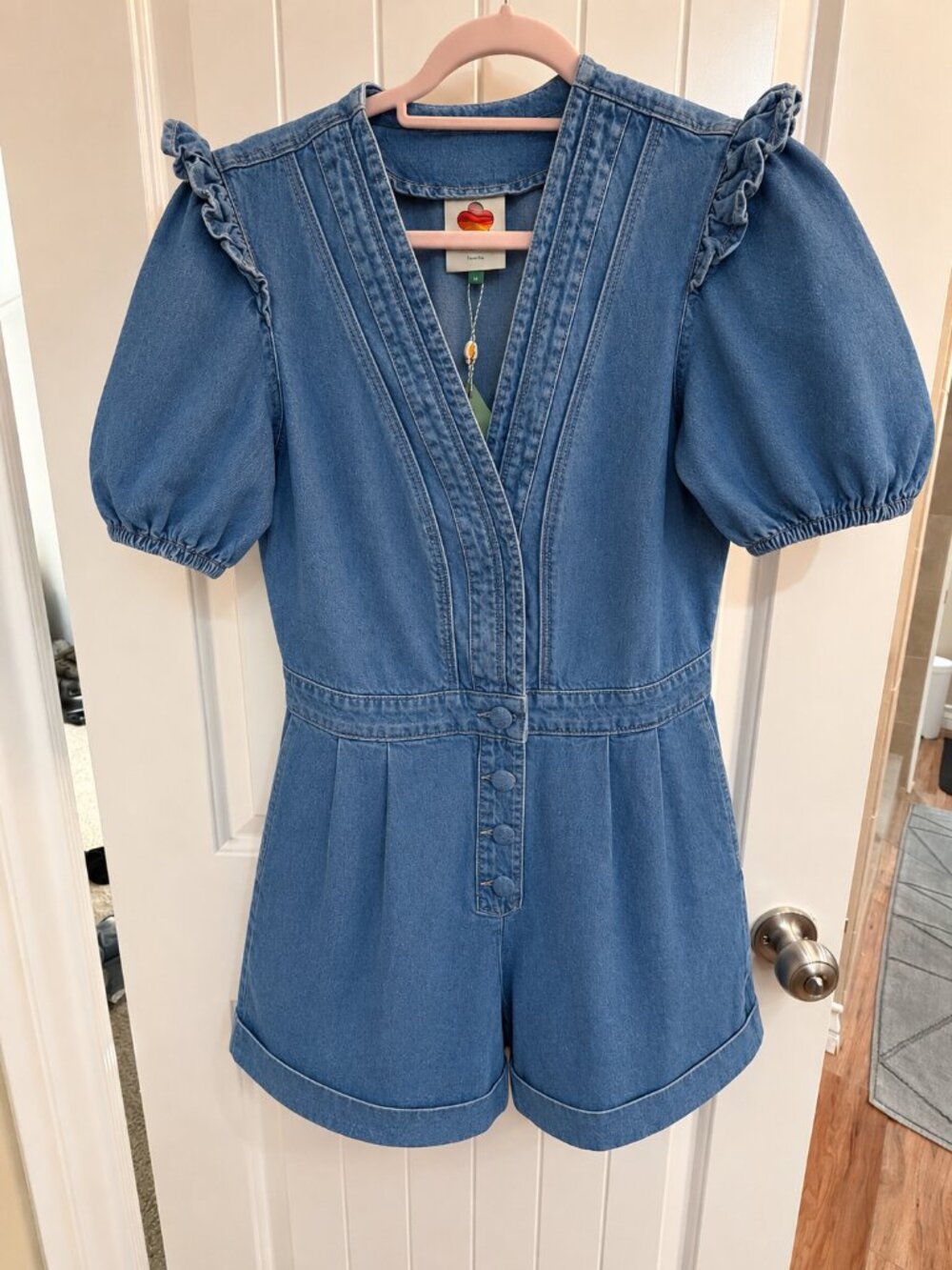 FARM RIO denim ruffled puff sleeve romper